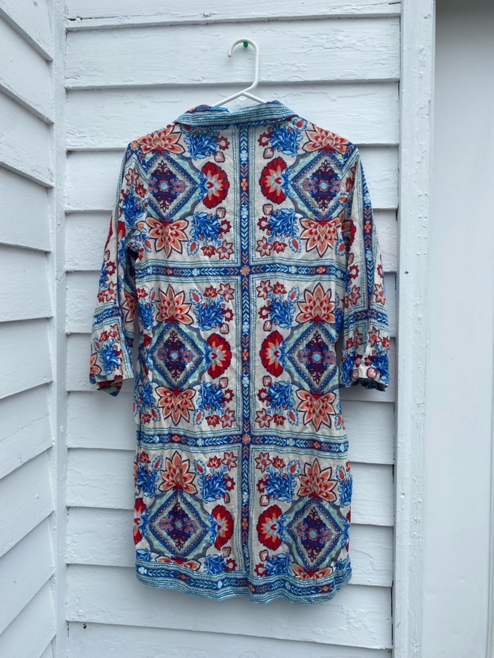 Floral Linen Tile-Print Midi Dress in Blue & Red Summer Beach Coverup🏝️ - Picture 7 of 7